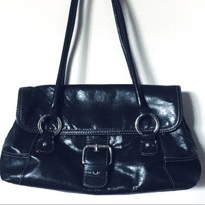 Giani Bernini Black Glazed Leather Satchel Lined Shoulder Bag with Silver Buckle